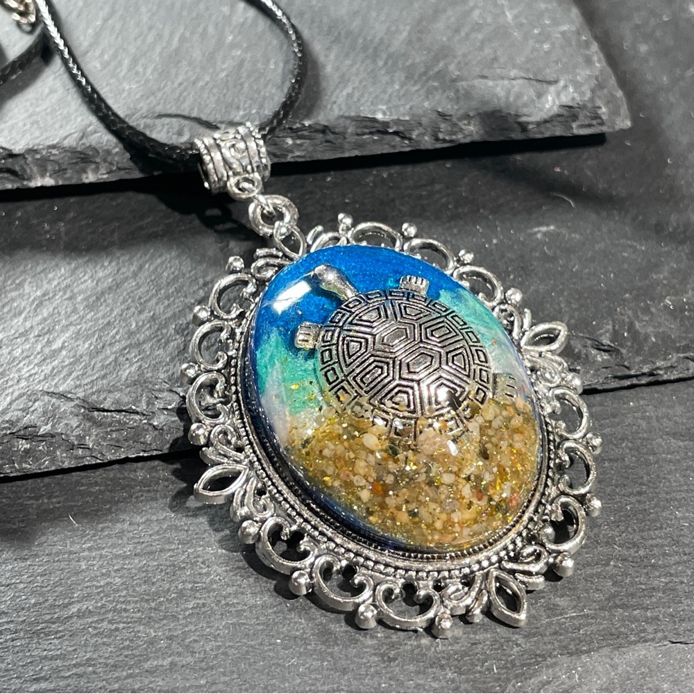 SoCal Sand Custom Made Turtle Pendant With Blue Green And Gold Accents - Picture 9 of 11